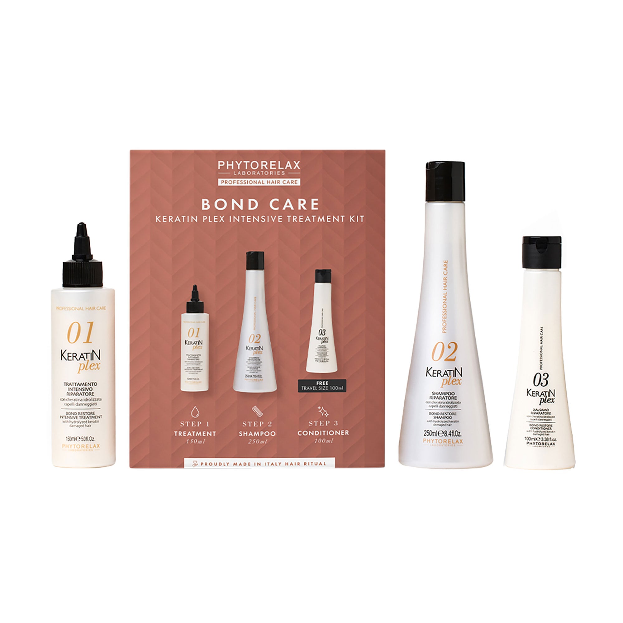 Набір для волосся Phytorelax Laboratories Bond Care Keratin Plex Intensive Treatment Kit (засіб, 150 мл + шампунь, 250 мл + ламелярна вода, 100 мл)